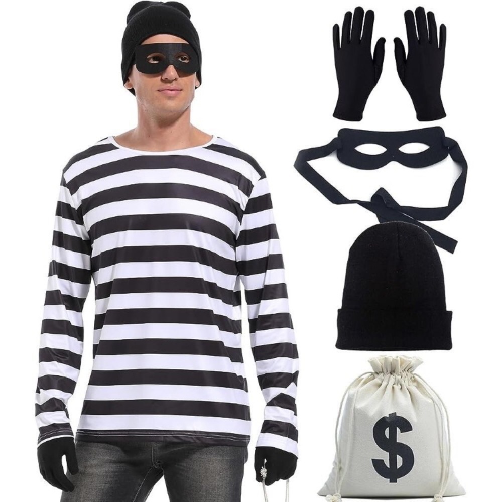 Men's Robber Costume Black and White shirt  Thief Halloween Cosplay New